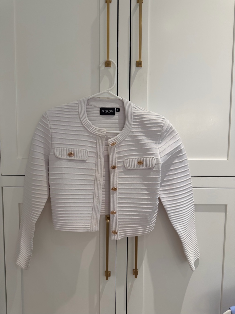 Retrofete White Ribbed Cropped Cardigan with Gold Buttons